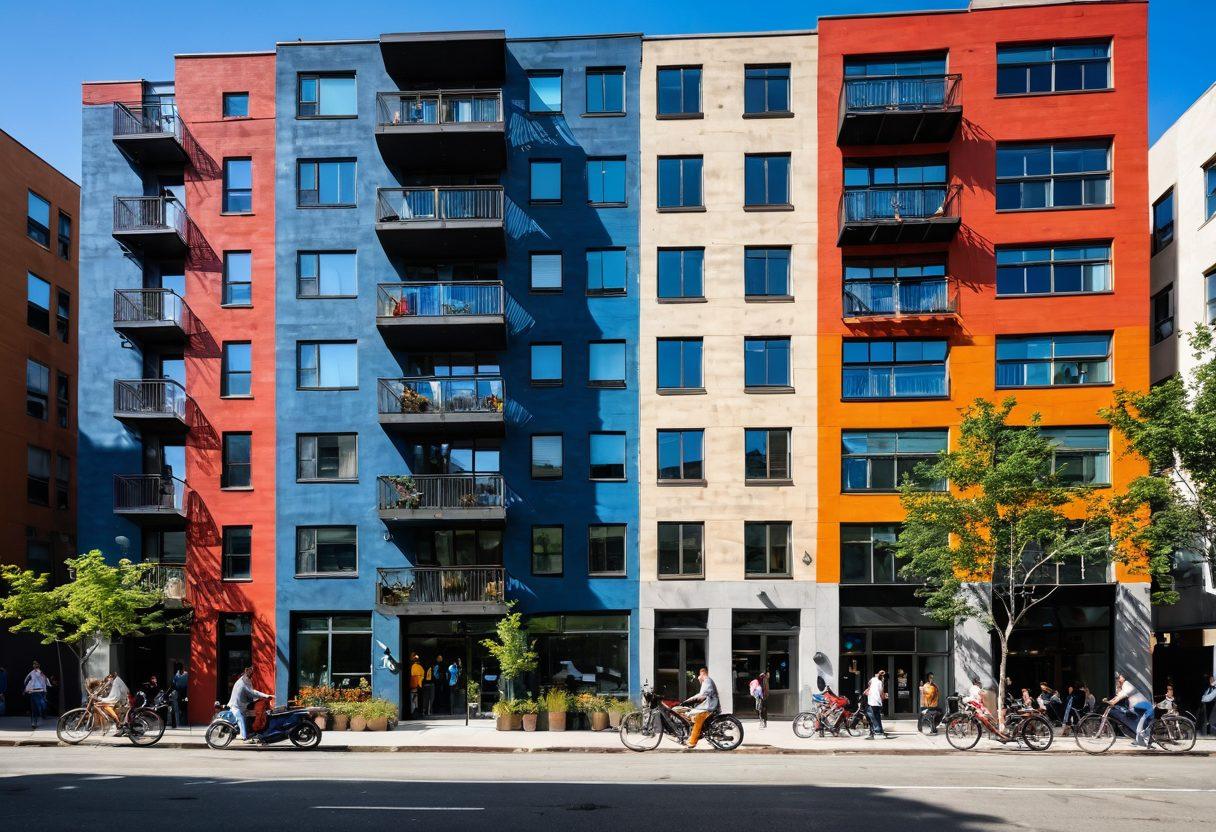 A bustling urban landscape filled with diverse apartment buildings, people exploring their surroundings, and a bright blue sky overhead. Incorporate colorful street art, greenery in the midst of concrete, and people of various cultures engaged in lively discussions. Showcase a modern apartment in the foreground with large windows, emphasizing natural light. Add elements like bikes and coffee shops to hint at a vibrant city lifestyle. super-realistic. vibrant colors.