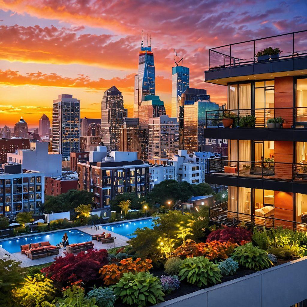 A vibrant city skyline at sunset with luxurious high-rise apartments on one side and cozy, affordable apartment buildings on the other, blending seamlessly. People of diverse backgrounds enjoying the urban landscape, complete with lush rooftop gardens and inviting outdoor spaces. The atmosphere should feel lively and inclusive, showcasing the best of urban living. super-realistic. vibrant colors. sunset backdrop.